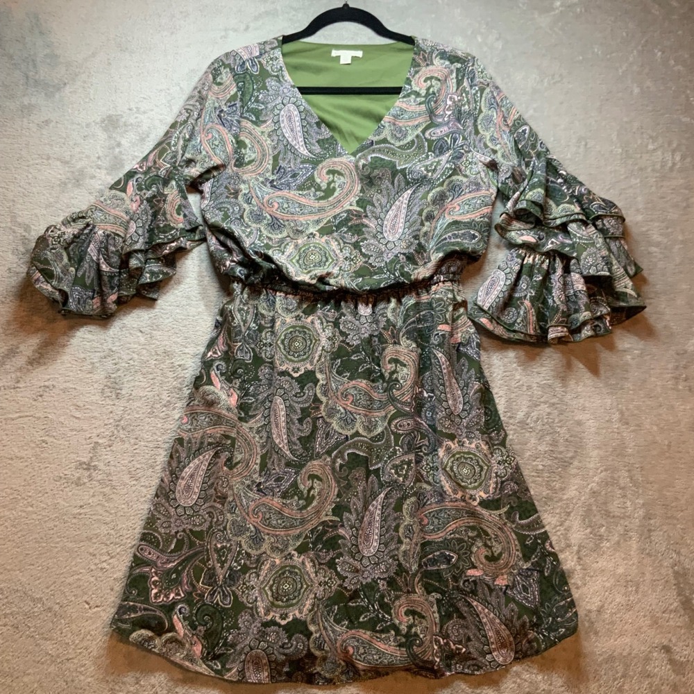 Est. 1946 Womens Green Paisley Ruffle Bell Sleeve V-Neck Mini Dress Medium